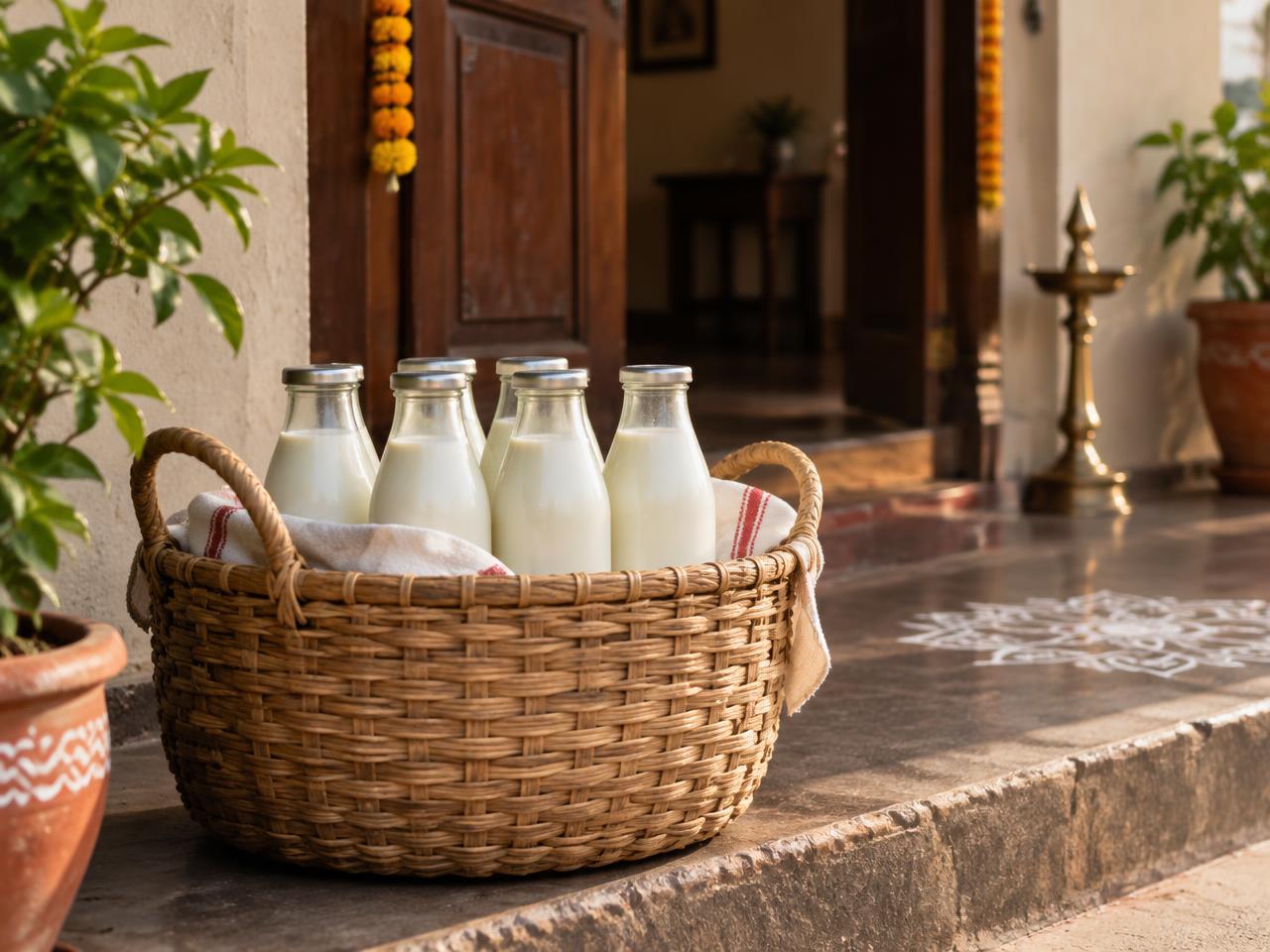 Milk bottles in a basket ready for delivery