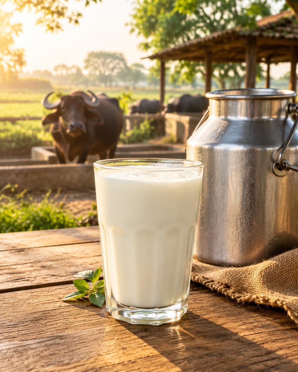 Glass of fresh buffalo milk beside a steel milk can
